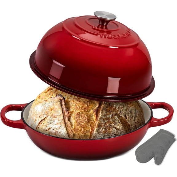 NutriChef 10.2" Enameled Cast Iron Bread Oven, Dome-Shaped Sourdough Dutch Oven with Handles & Silicone Gloves, Oven Safe to 500°F, Dishwasher Safe (Red)