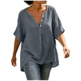 thumbnail image 2 of Diufon Linen Shirts for Women Dolman Short Sleeve Button Notch-Neck Pullover Casual Loose Crinkle Gauze Blouses, 2 of 9