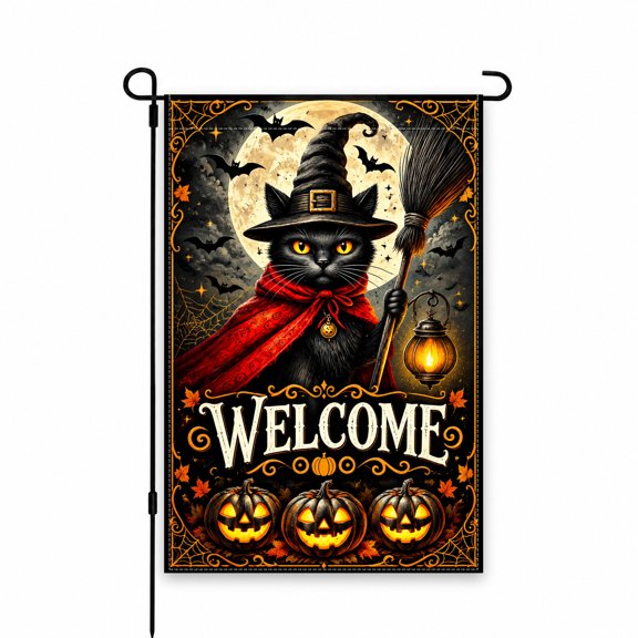 Decorative Halloween Garden Flag 12 x 18 Inch, Black Cat in Witch Hat with Broom, Pumpkins, Full Moon & Bats, Outdoor Yard or Porch Decor