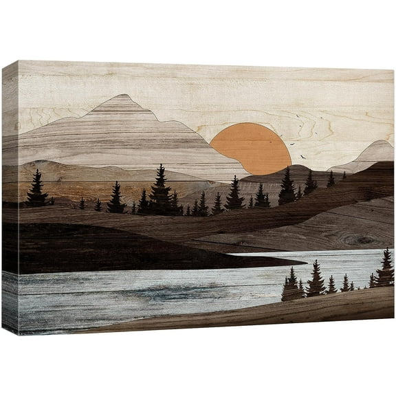 PixonSign Canvas Print Wall Art Sunset Mountain Range River Nature Wilderness Digital Art Wood Panel Landscape Farmhouse/Country Relax/Calm/Cozy Geometric Abstract - 16"x24"