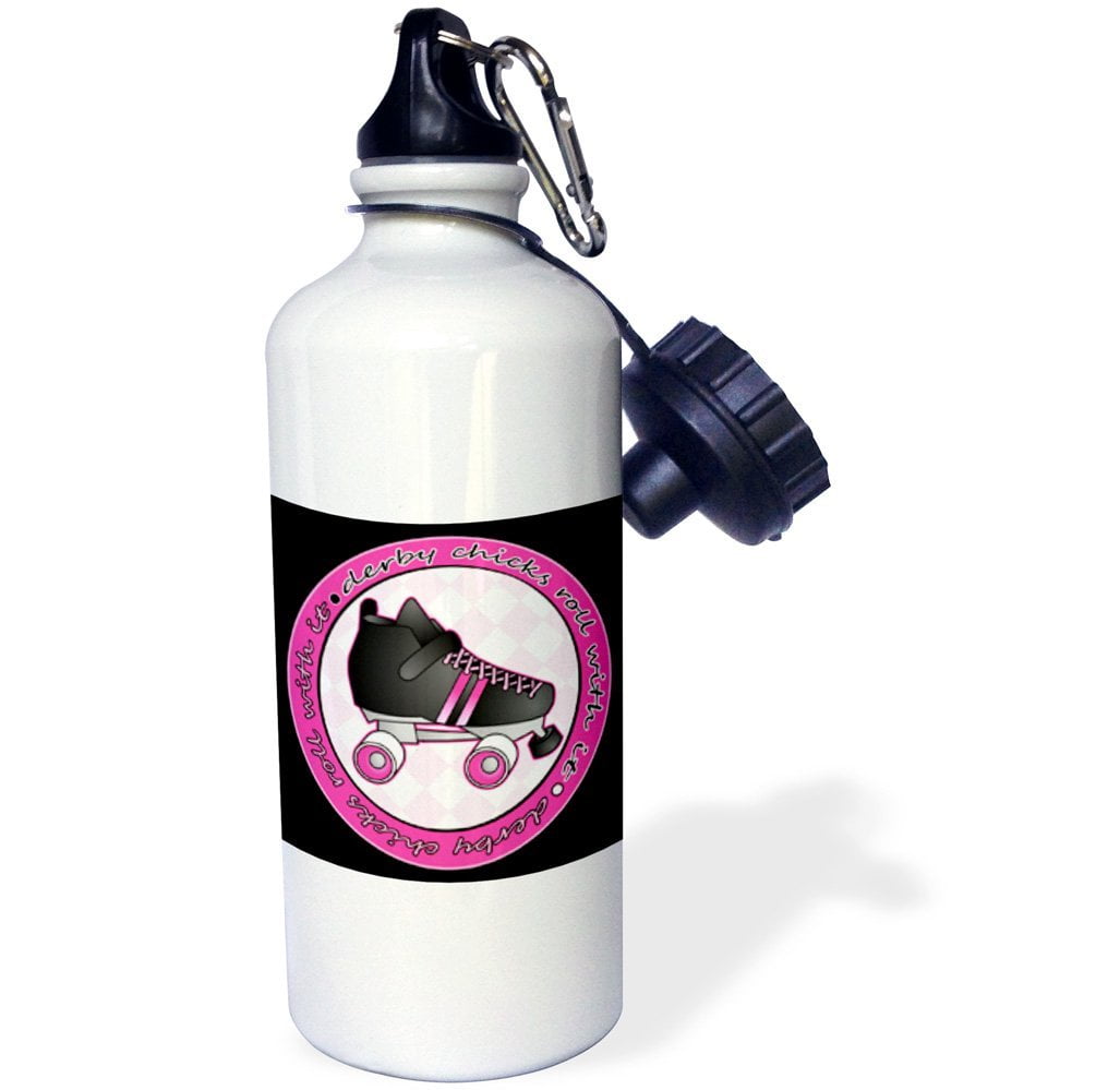 3dRose wb_28507_1 Derby Chicks Roll With It Pink and Black with Black Roller Skate Sports Water Bottle, 21 oz, White by