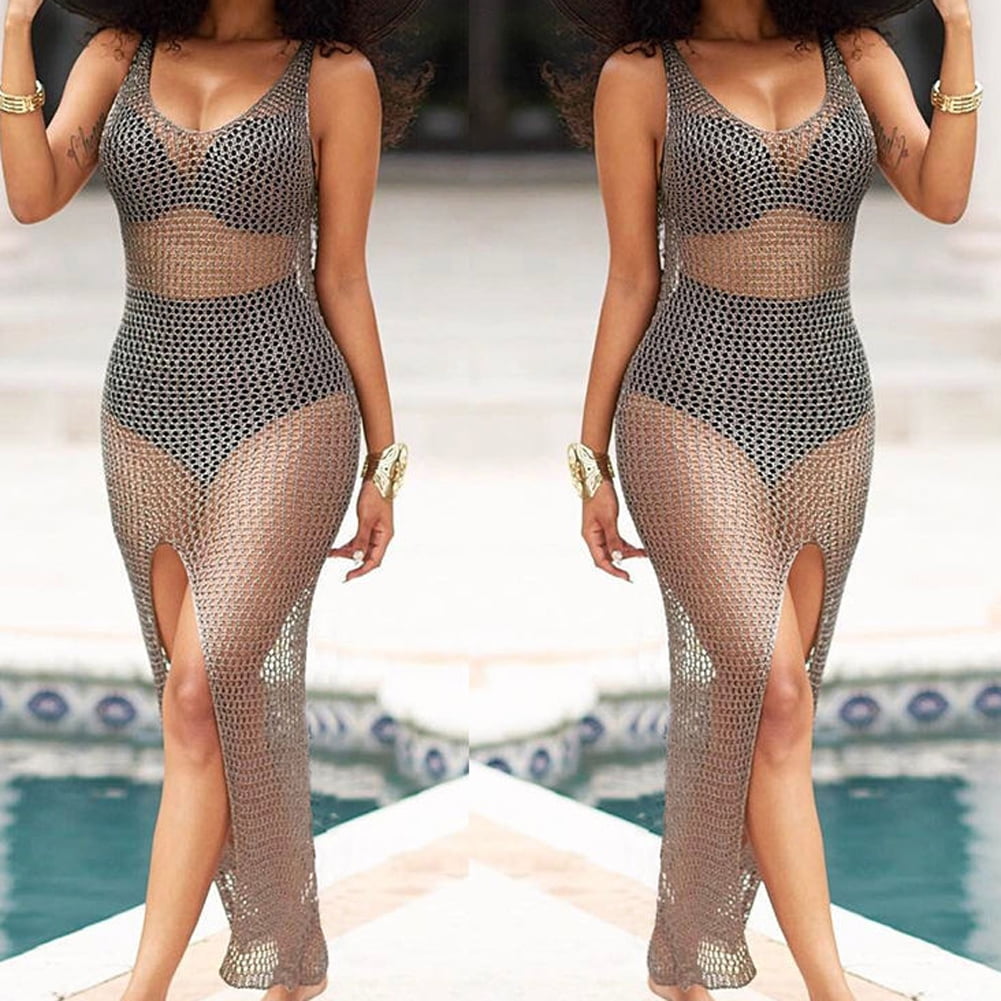 Women Beachwear See Through Cover Up Mesh Dress Spaghetti Strap Bodycon Sundress