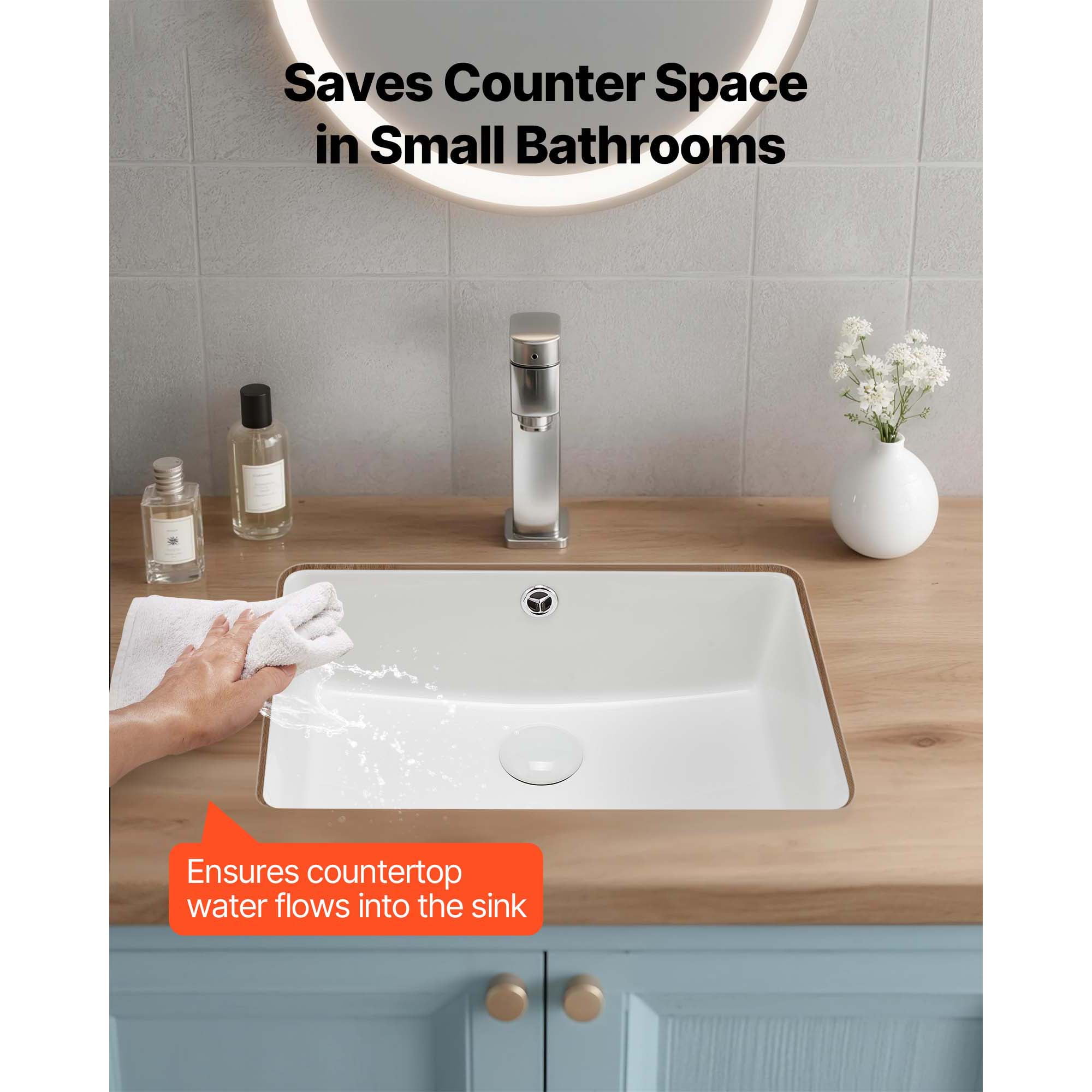 KFFKFF Rectangular Undermount Bathroom Sink, 3018, 18.5 x 13.19 Inch Ceramic, White