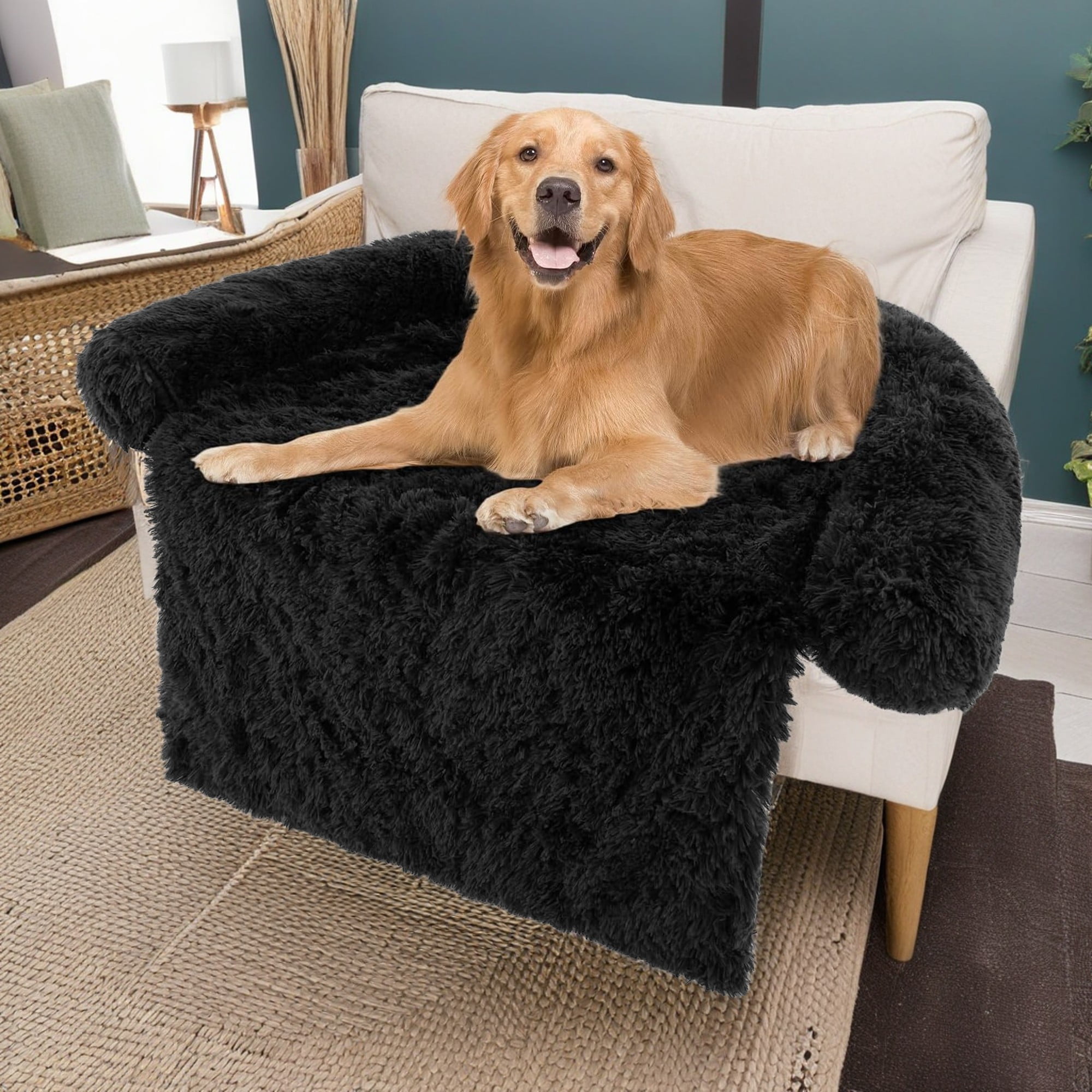 Kadyn 40" Plush Long Fur Dog Couch Bed, Dog Bed Mats with Anti-Slip Bottom, Washable Removable Couch Cover, Perfect for Small Dogs Cats, Black-S