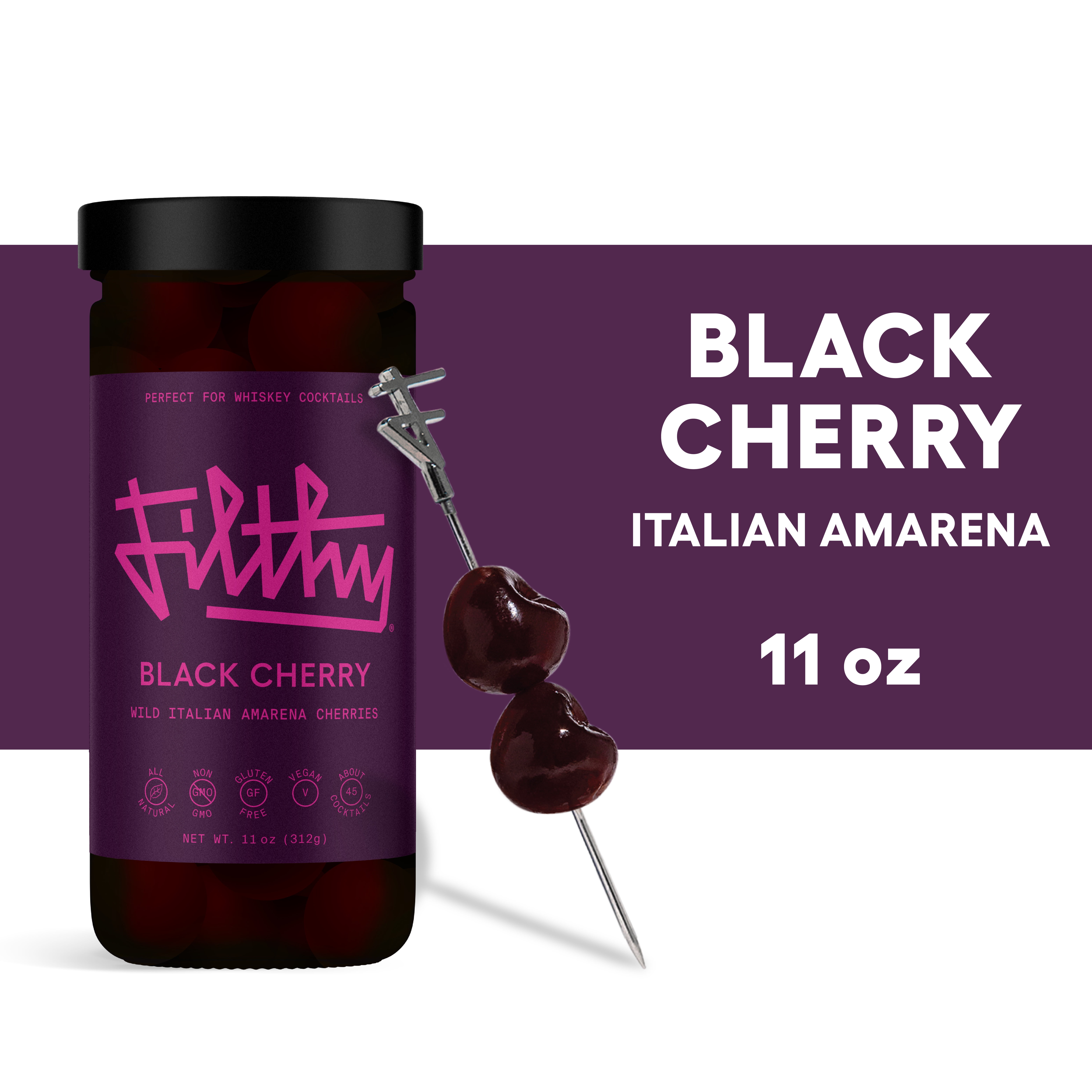 Filthy® Black Amarena Cherry Jar, Premium Cocktail Cherry Garnish, 11 oz jar (2-Pack)
