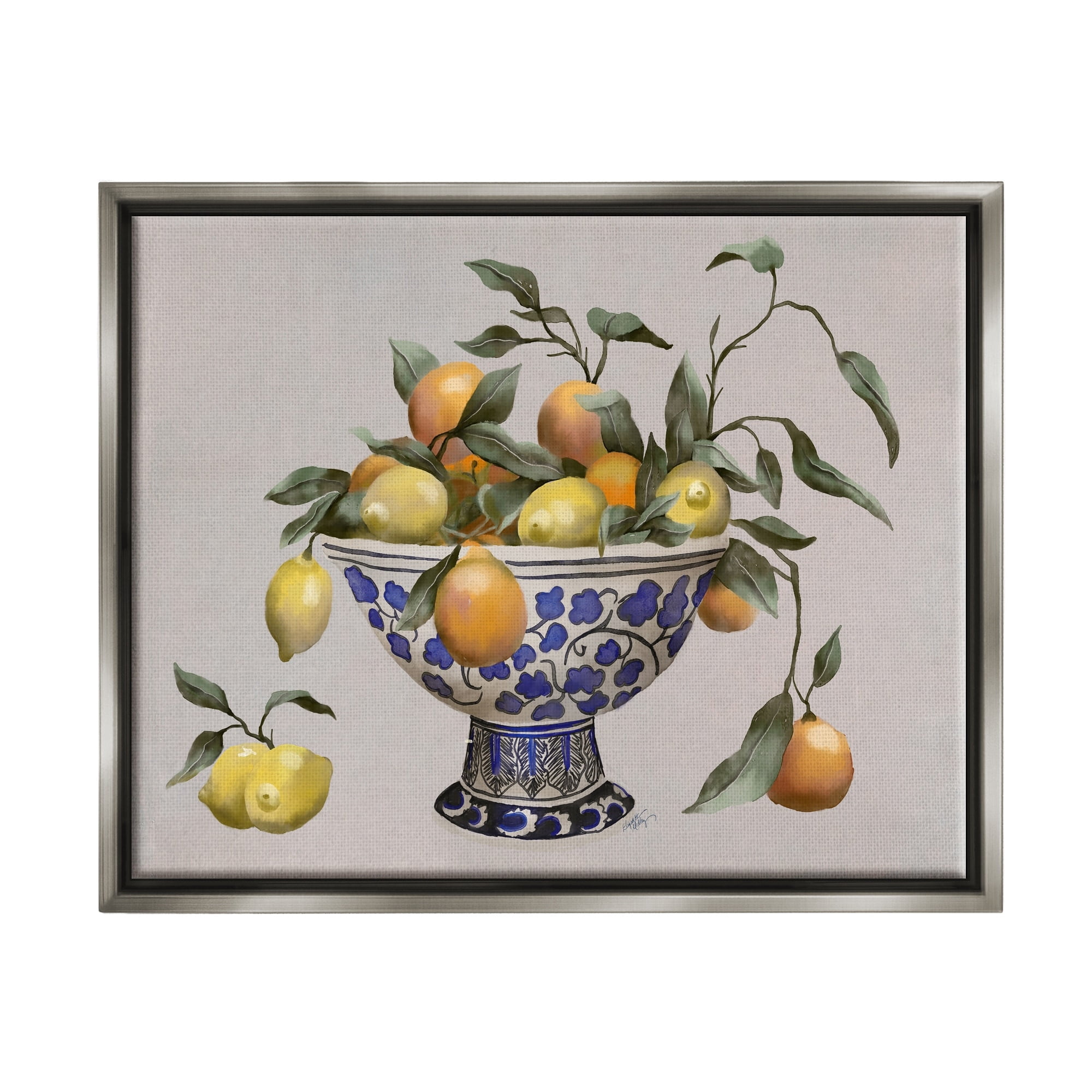 Stupell Industries Mixed Citrus Fruits Leaves Patterned Pottery Bowl Graphic Art Luster Gray Floating Framed Canvas Print Wall Art, Design by Elizabeth Medley