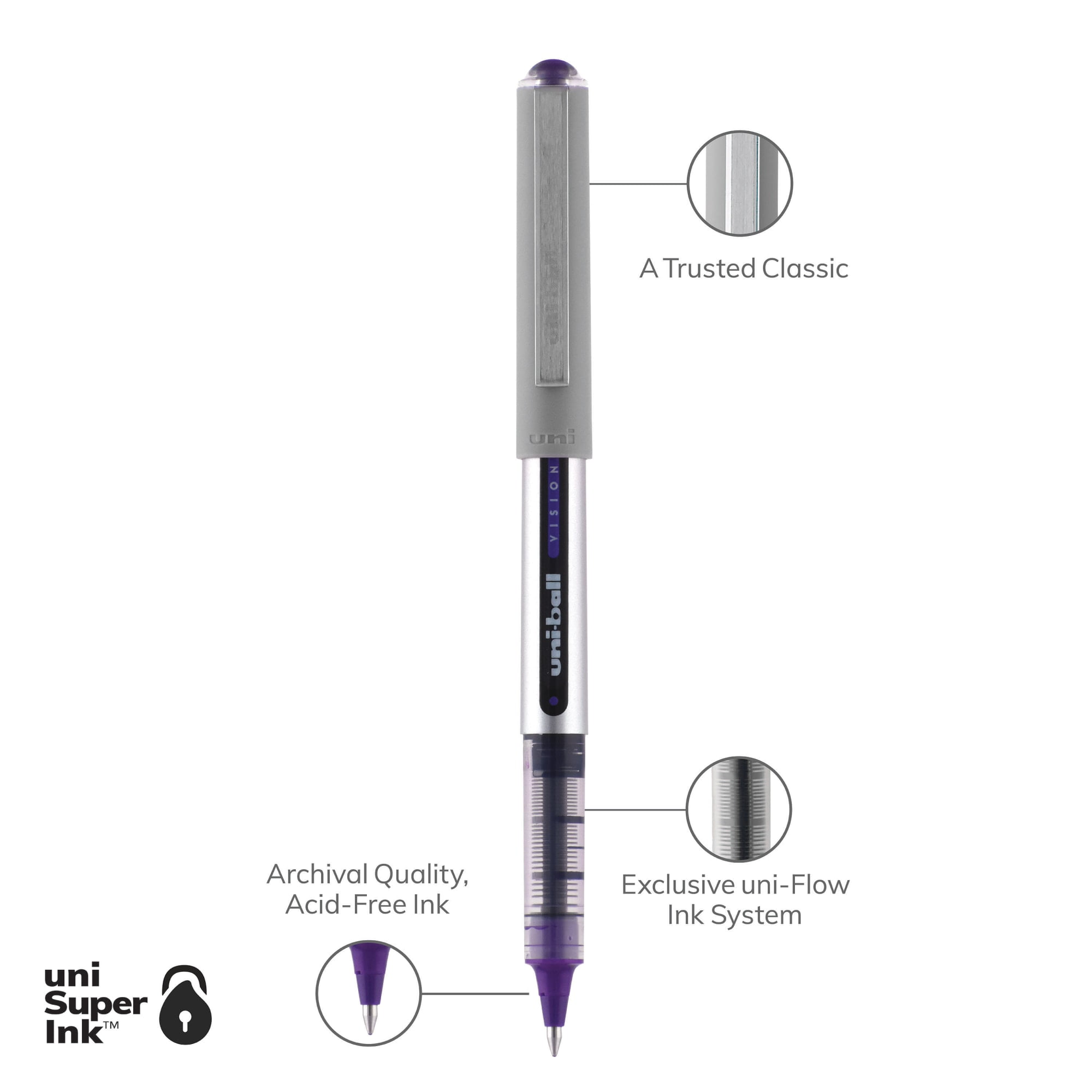 uniball Vision Rollerball Pens, Fine Point (0.7mm), Violet Purple Ink, 12 Count