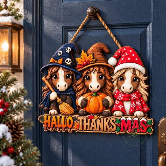 Door Sign Halloween Thanksgiving Christmas Horse Design, Wooden Entryway Hanging, Seasonal Gift