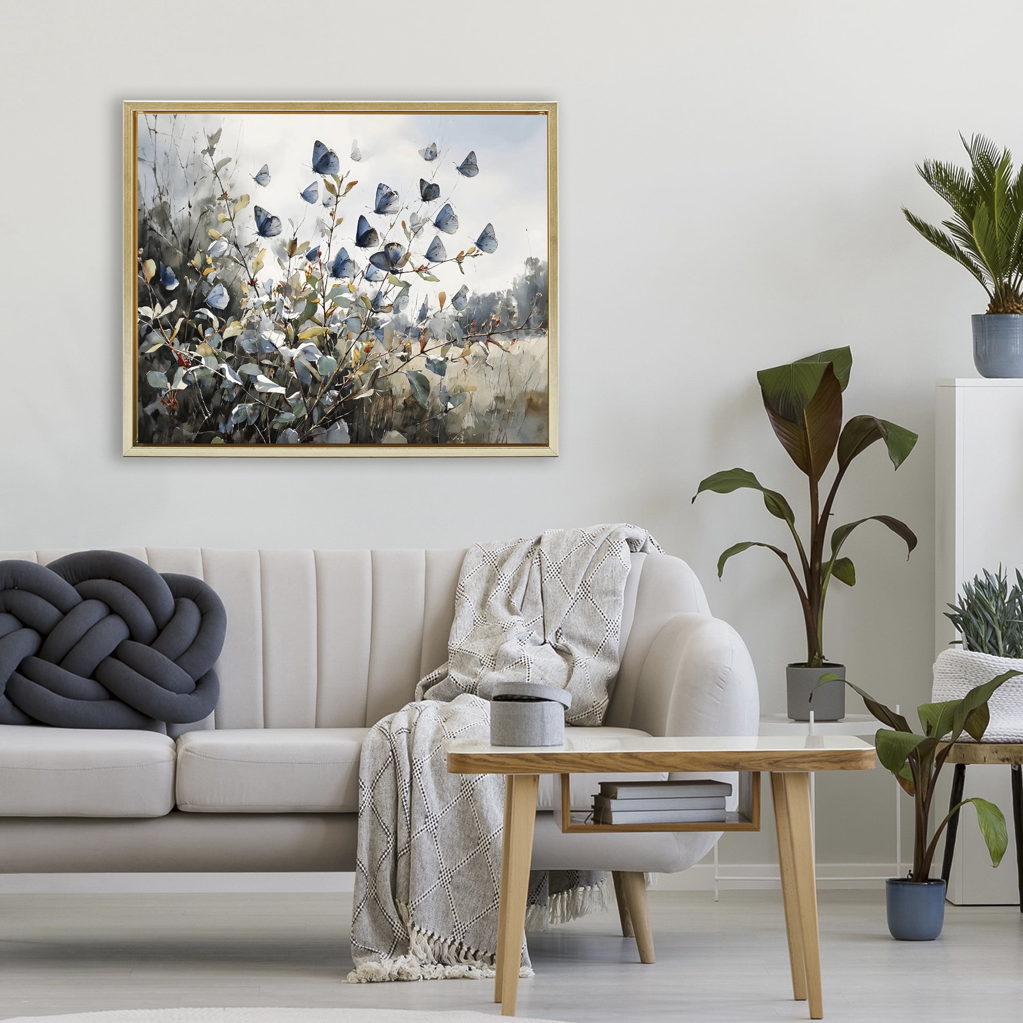 Stupell Industries Blue Butterflies Among Meadow Leaves Gold Framed Floater Canvas Wall Art, design by Franklyn Gregory