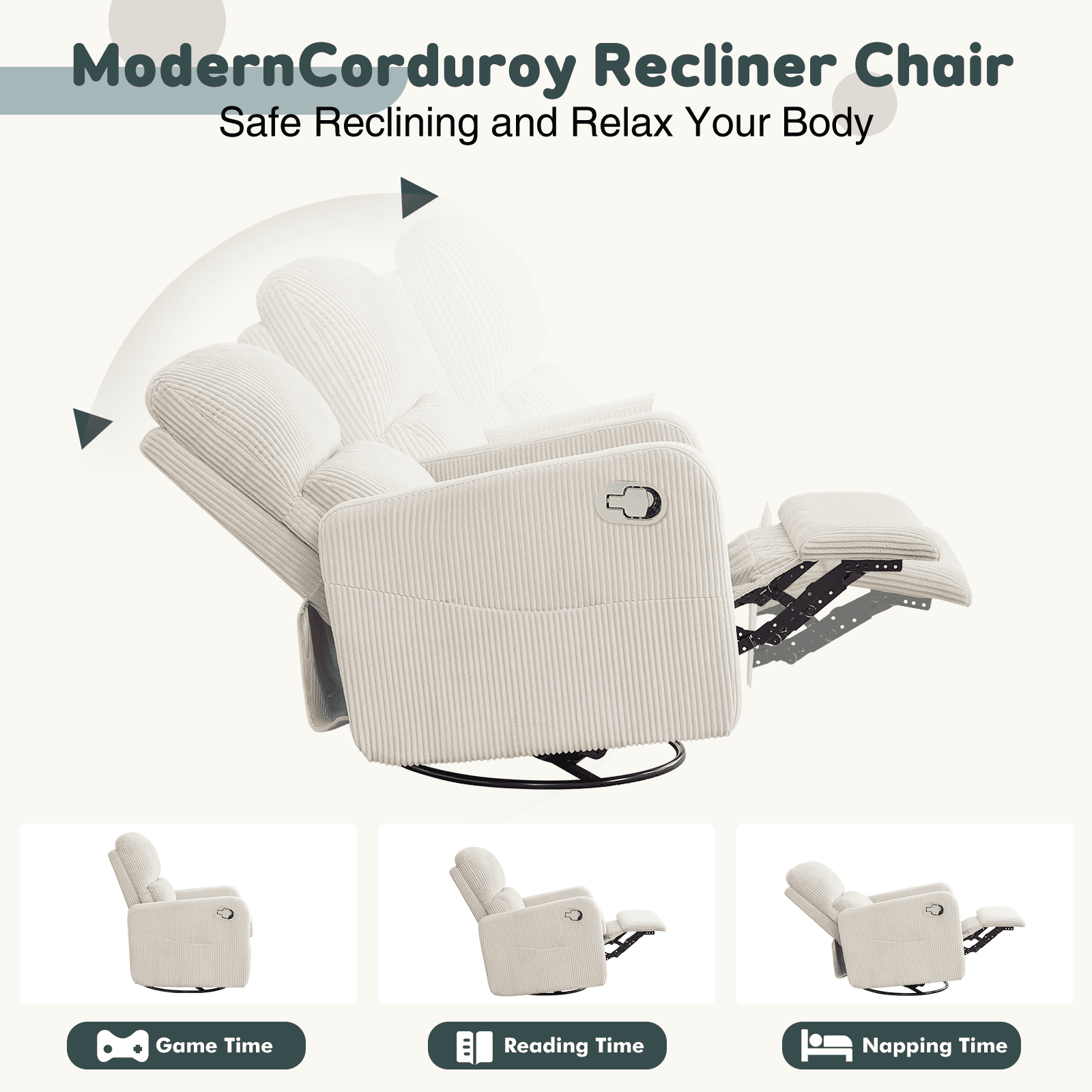 Aemeios Swivel Manual Recliner Chair Corduroy Fabric Nursery Glider Rocker Recliner, White