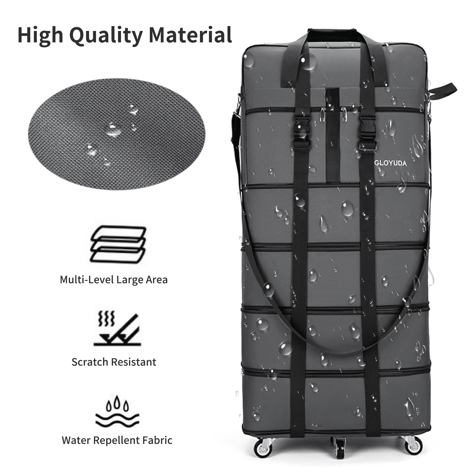 Gloyuda 42 inch Rolling Bag, Duffle Bag with Wheels, Rolling Tote Bags with Wheels, Collapsible Luggage, Travel Bag with Wheels and Handle, Roller Bag with 2 Fixing Straps and 1 Shoulder Strap