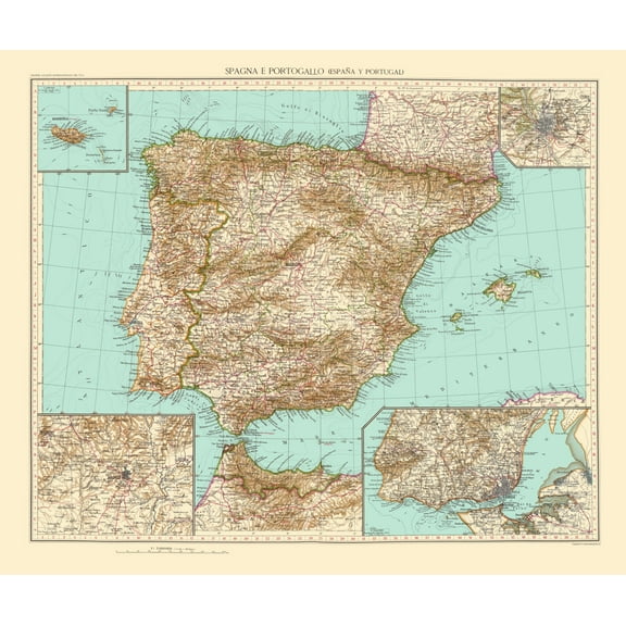 Historic Map - Spain Portugal - Touring Club Italiano 1929 - 23 x 27 - Vintage Wall Art