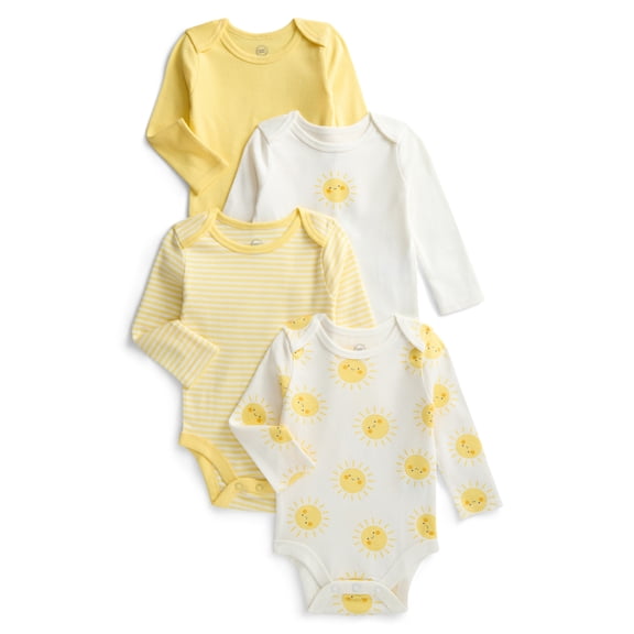Wonder Nation Baby Gender Neutral 4PK Long Sleeve Body Suit, Sizes 0/3 Months-6/9 Months