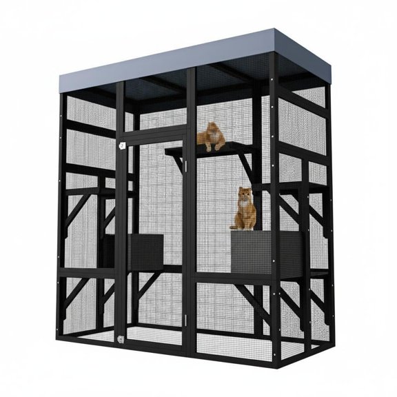 CuisinSmart 70.1" Large Wooden Catio Outdoor Cat Enclosure Cedar Cat House with 5 Platforms 2 Napping Boxes Lockable Walkin Door for 23 Cats