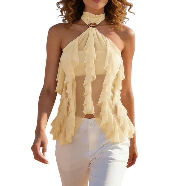 Wo-Fusoul Top for Women, Neck Sleeveless Ruffle Sheer Mesh Solid Color, Halter Vest