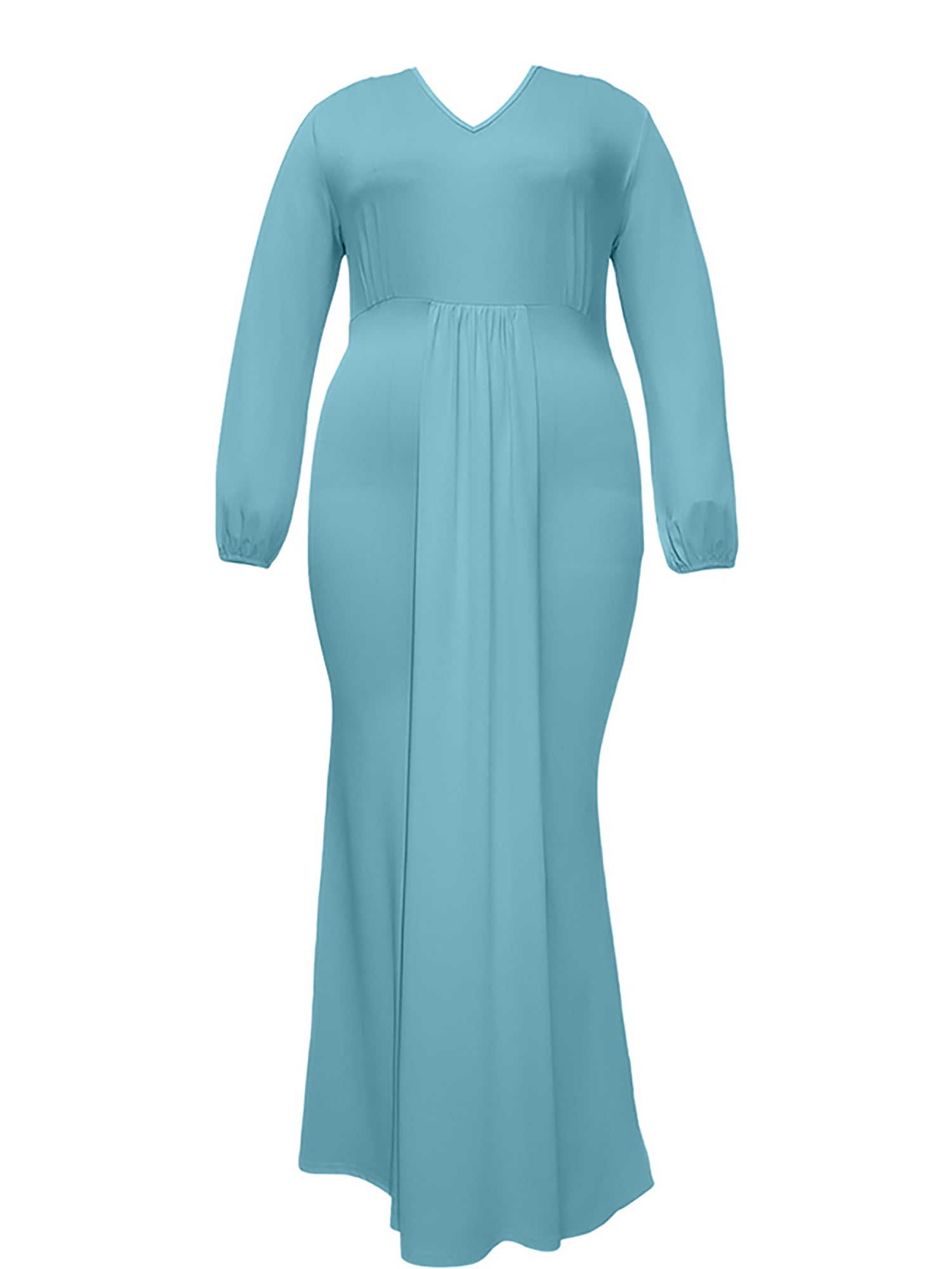 Plus Size Maxi Dress for Women Long Sleeve Crew Neck Pleated