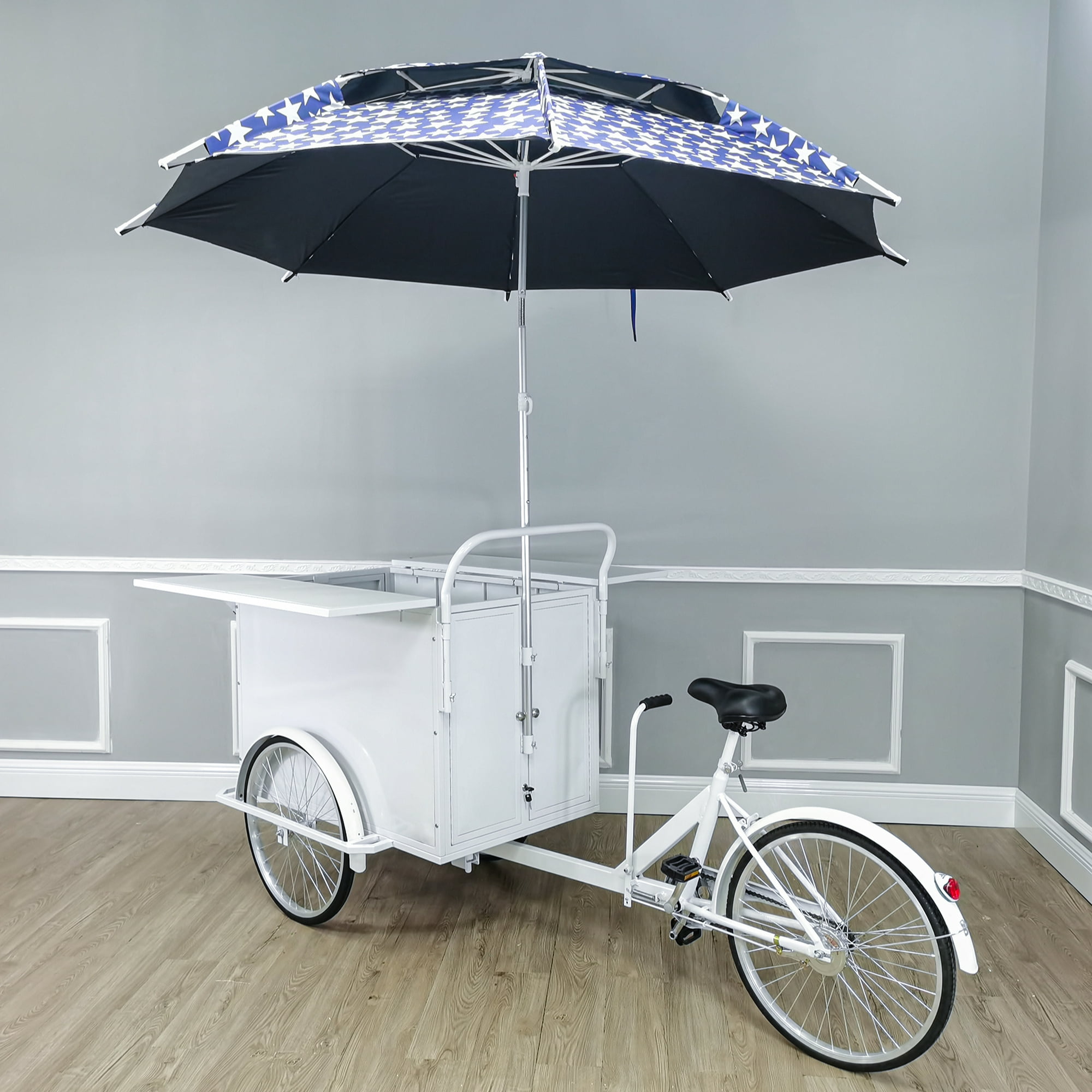 Fixturedisplays 24 Tire 90 X 51.5 X 41 White Vending Trike Mobile Food Beverage Bike Cart White Blue Star With 86.6 Umbrella 10165 Walmart