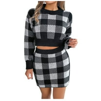 Annhoo Skirt Sets Women 2 Piece Knit Plaid Sweater Outfits Round Neck Long Sleeve Crop Tops and Mini Skirts Fall Outfits