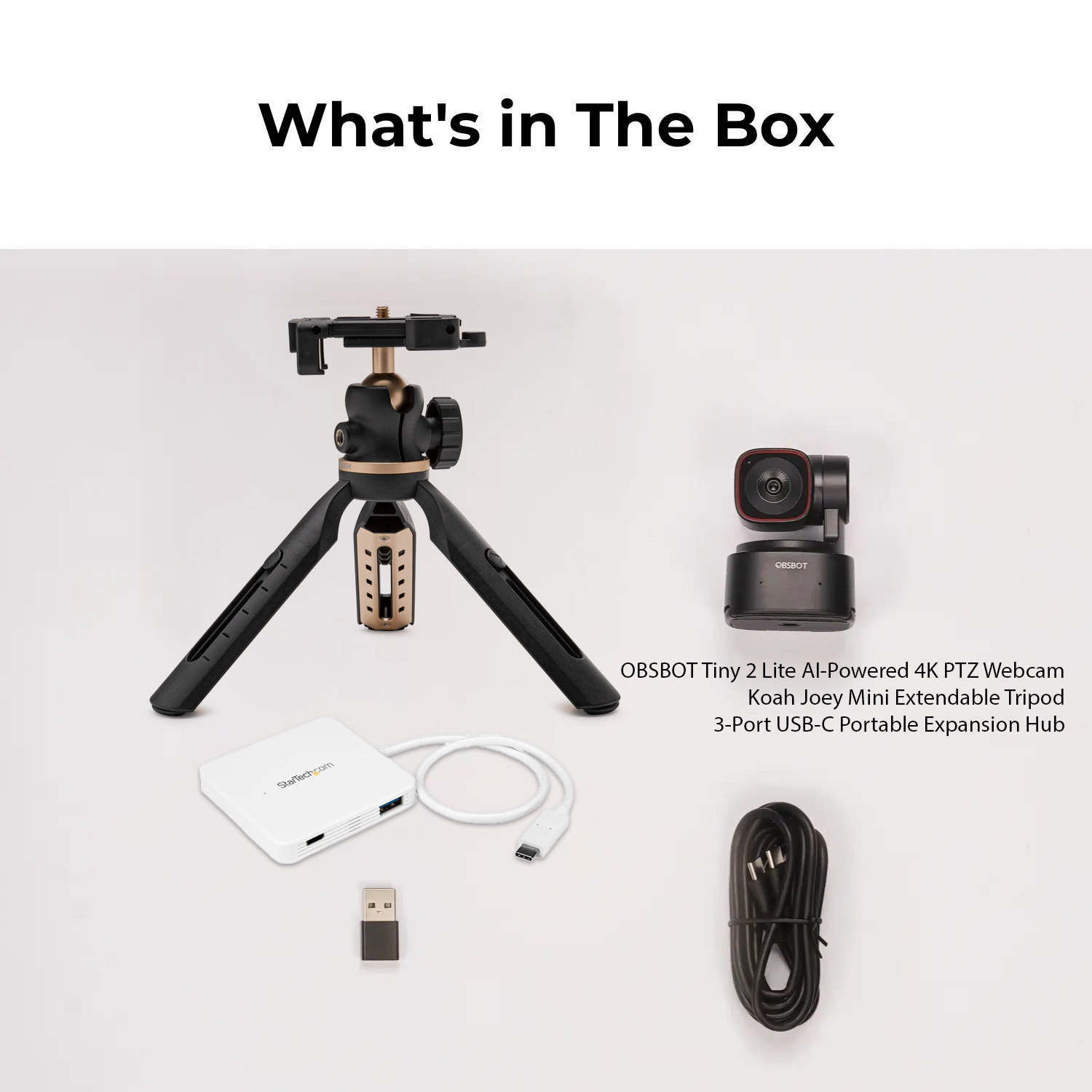 OBSBOT Tiny 2 Lite AI-Powered 4K PTZ Webcam with Advanced CMOS Sensor and Preset Modes Bundle with Koah Joey Mini Extendable Tripod and 3-Port USB-C Portable Expansion Hub