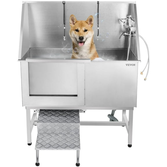 VEVOR 50" Stainless Steel Dog Grooming Tub - Professional Pet Bath Station w/ Steps, Left Door, Faucet & Accessories