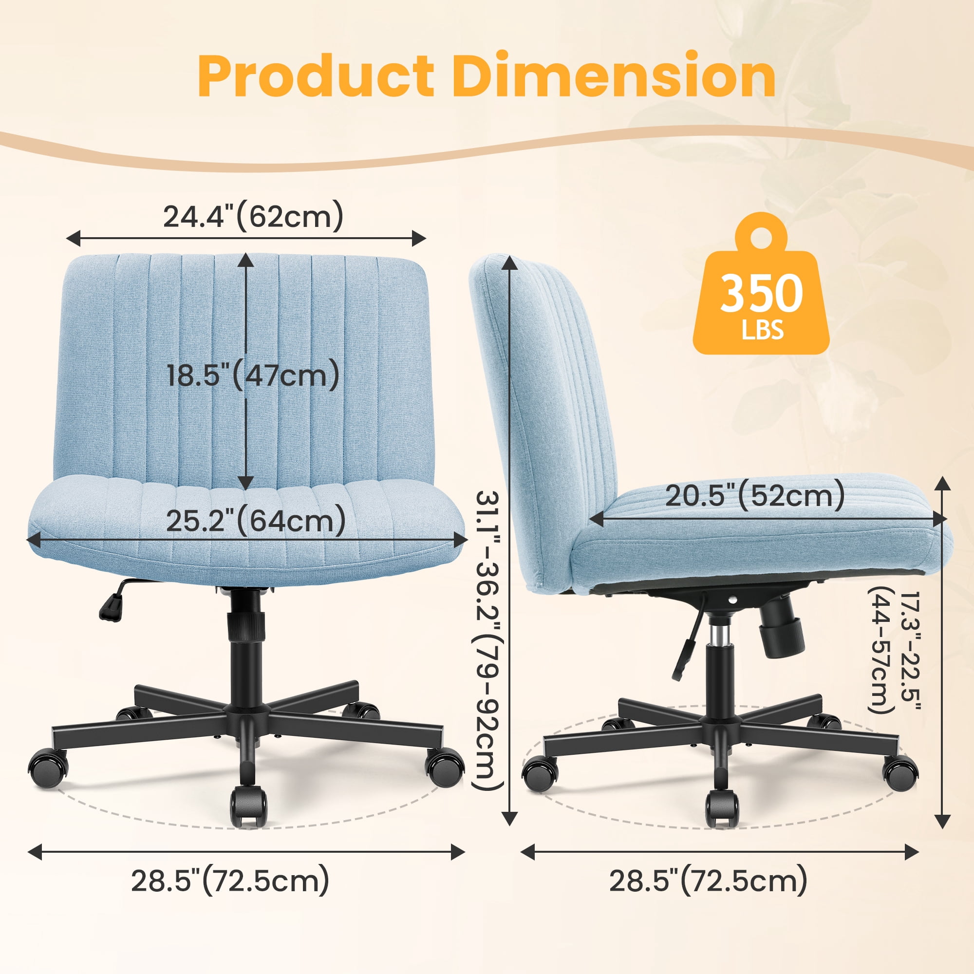 COOLHUT Office Chair Armless Criss Cross Legged Chair with Wheels, Linen Fabric Comfy Home Office Desk Chairs, Wide Seat Vanity Task Computer Chair, Light Blue