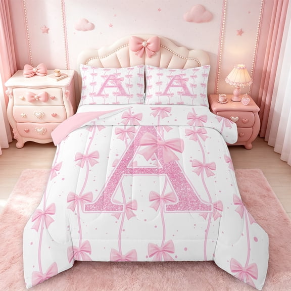 Manfei Letter A Monogrammed Bedding Comforter Set,Cute Bow Knot Twin Comforter Sets,Pink Glitter Print Bedding Set For Girl,Microfiber Room Decorative Reversible,2 Pieces