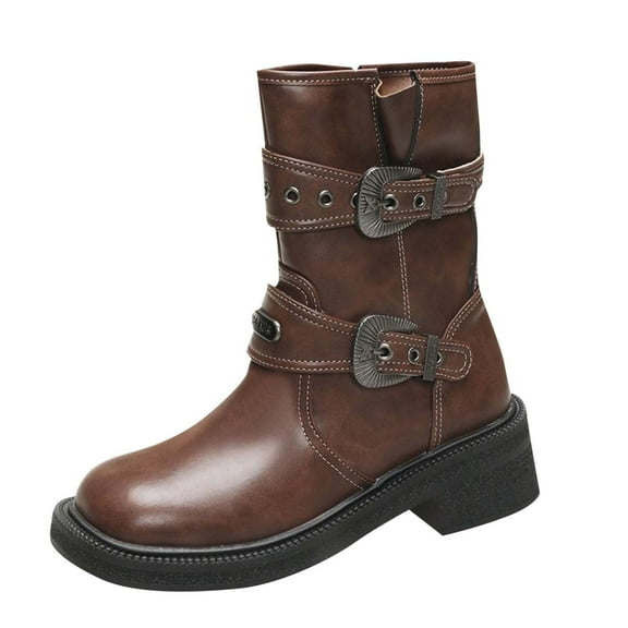 Xfvqtps Womens Casual Martin Style Boots with Buckle Detail Chunky Sole Mid Calf Boots for Fall Winter Fashion Trendy Booties Brown