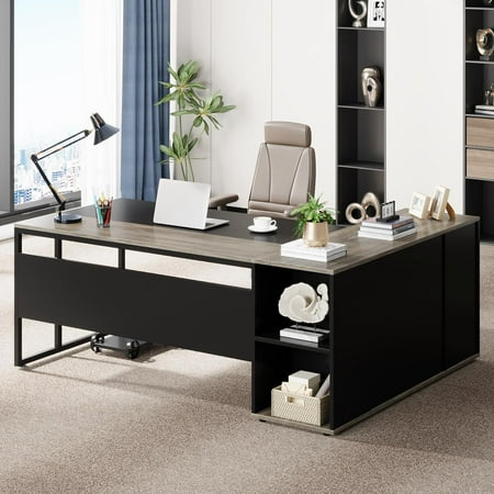 Tribesigns 71 inch L Shaped Executive Desk with Cabinet Storage Rustic Brown Business Furniture Desk Workstation with Shelves for Home Office