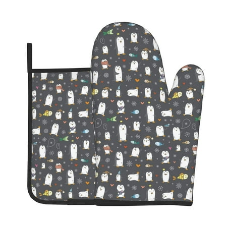 

Tebeau Lovely Penguin Print Oven Mitts and Pan Racks 2-Piece Set Kitchen Oven Mitts and Pan Racks Heat Resistant 500 °F for Baking and Cooking