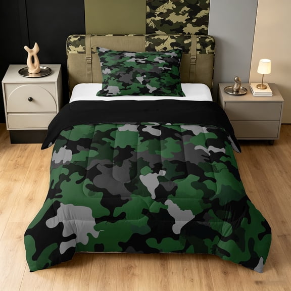 Manfei Farmhouse Camo Twin Comforter Sets, Mid Century Abstract Bedding Set, Olive Green, Black Reversible, 2-Piece, 1 Comforter and 1 Pillowcase