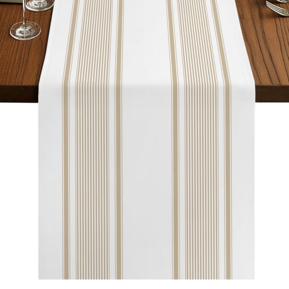 Beige Striped Burlap Cotton Table Runner 18x72 Inches Long, Farmhouse Thin Vertical Stripes Farmhouse Table Runners, Outdoor Dining Tablecloths Decor for Baby Shower/Party/Wedding