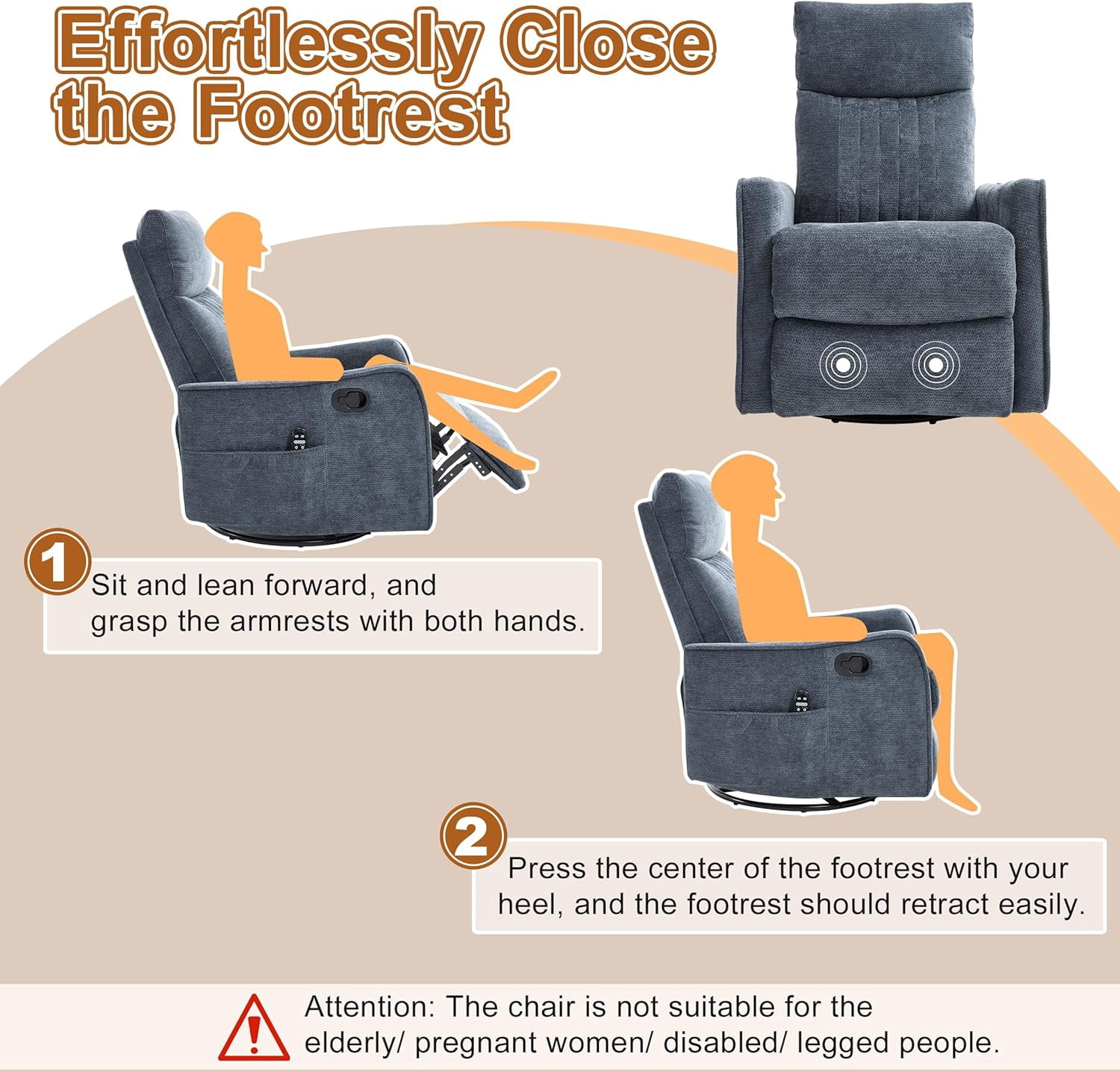 AENKYO Swivel Recliner Chair, Manual Rocking Massage Chair, Heated for Adults, for Living Room,Blue Chenille