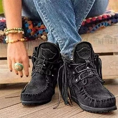 

New Women s Suede Retro Ankle Boots Non-Slip Comfort Ankle Booties 3-Arch Support - Ladies Everyday Boots Winter Round Toe Roman Retro Fringe Short Flat Shoes (Color : Black Size : 38 EU)