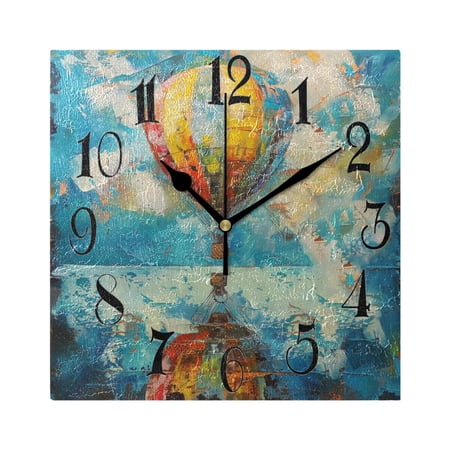 Hot Air Balloon Wall Clock Decorative Square Silent Non-Ticking Operated Clocks Aesthetic for Bedroom Living Room