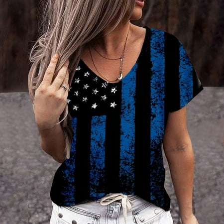 

Summer Tunic Tops for Women American Flag Print Short Sleeve V Neck Tee Shirt Blouses Casual Loose Fit T-Shirts