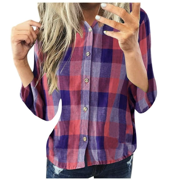Womens Plus Size Plaid Shirts 2022 Fall Vintage Casual Long Sleeve Tops Loose Fit Button Down Blouse Cardigan S-5xl
