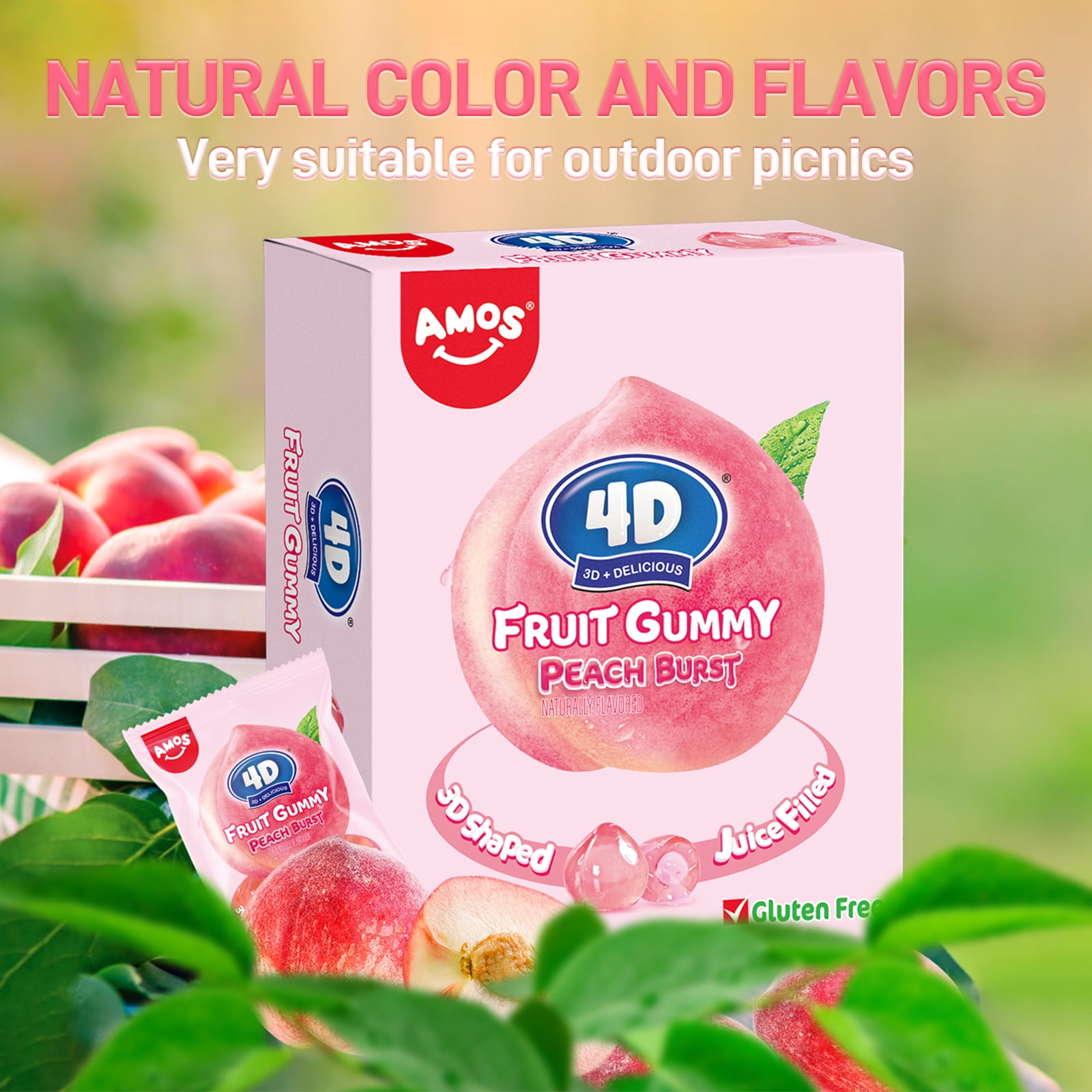 Amos 4D Gummy Peach Burst, Real Juice Filled Fruit Snacks, Gluten
