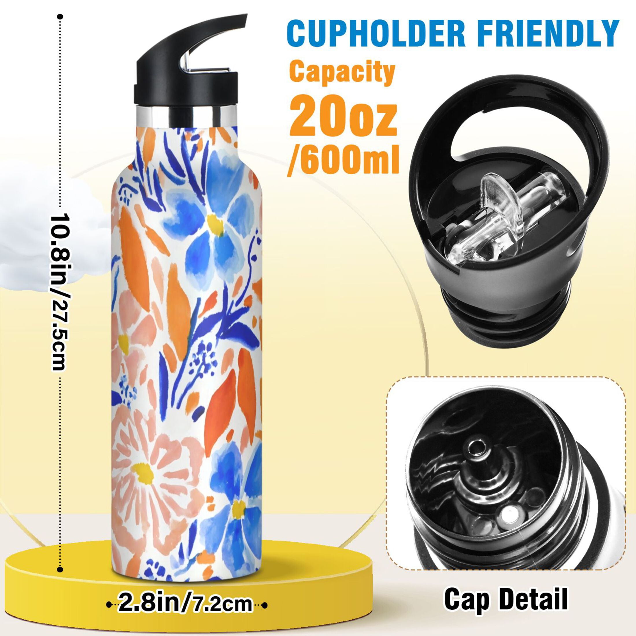 Kids Insulated Stainless Steel Sports Water Bottle 600ml (20oz) Hand-painted Watercolor Floral