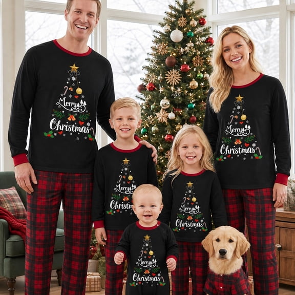 Nibbcoa Letter Snowflake Print Long-Sleeved Tops Plaid Trousers Sleepwear Outfits