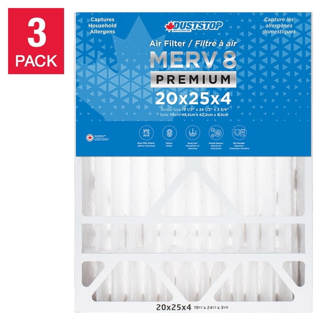 Duststop MERV 8 Filtre de Four Plissé de Qualité Supérieure, Lot de 3 20 x 25 x 4