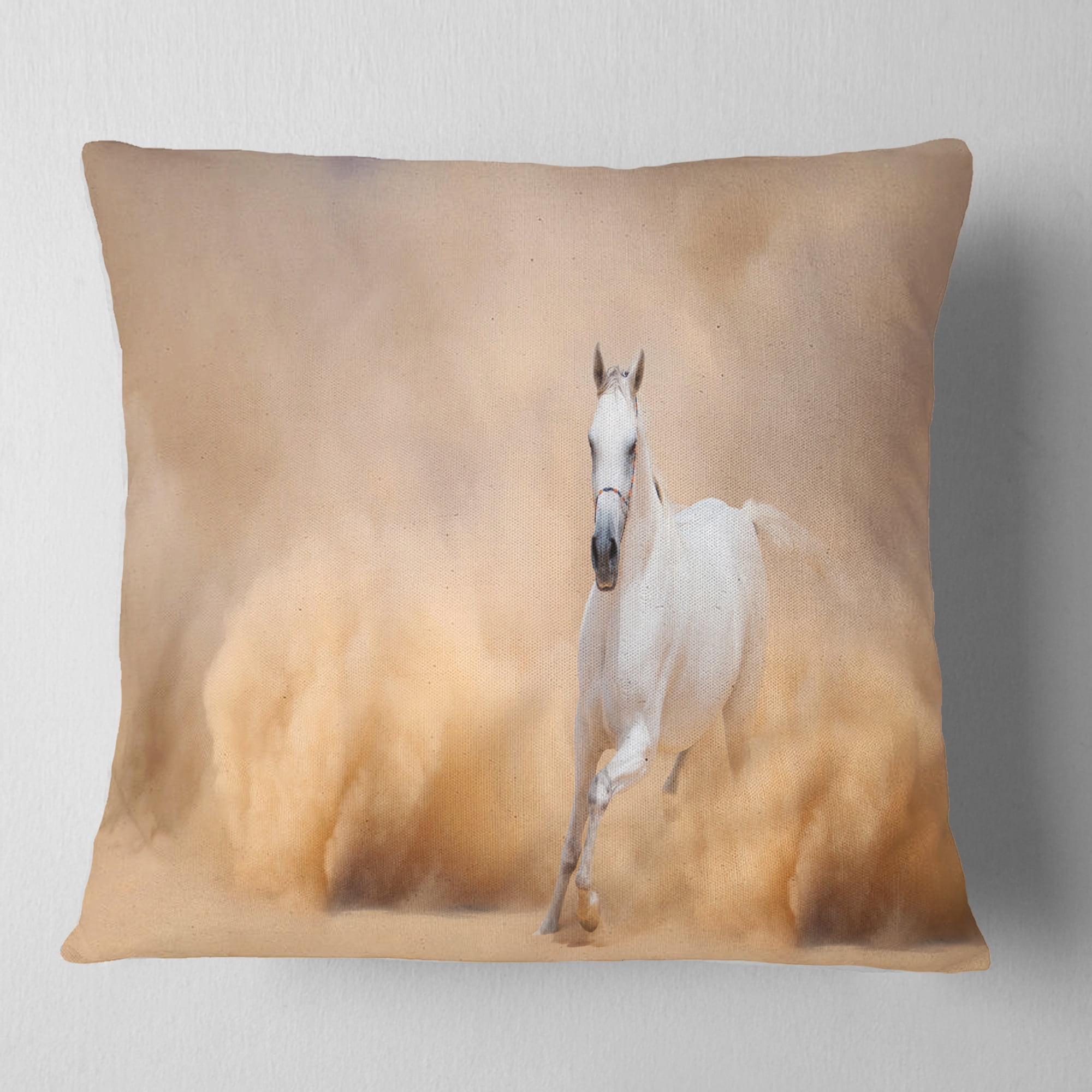 Designart Arabian Horse in Desert Storm - Photography Throw Pillow - 16x16