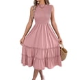 thumbnail image 2 of Women'S Ruffle Trim Flutter Sleeve Midi Dress Pleated Crew Neck Tiered Smocked Flowy Dresses Pink XL, 2 of 10