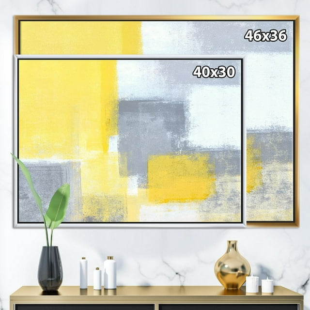 Designart Grey and Yellow Blue Abstract XXI FLOAT FRAME WALL ART