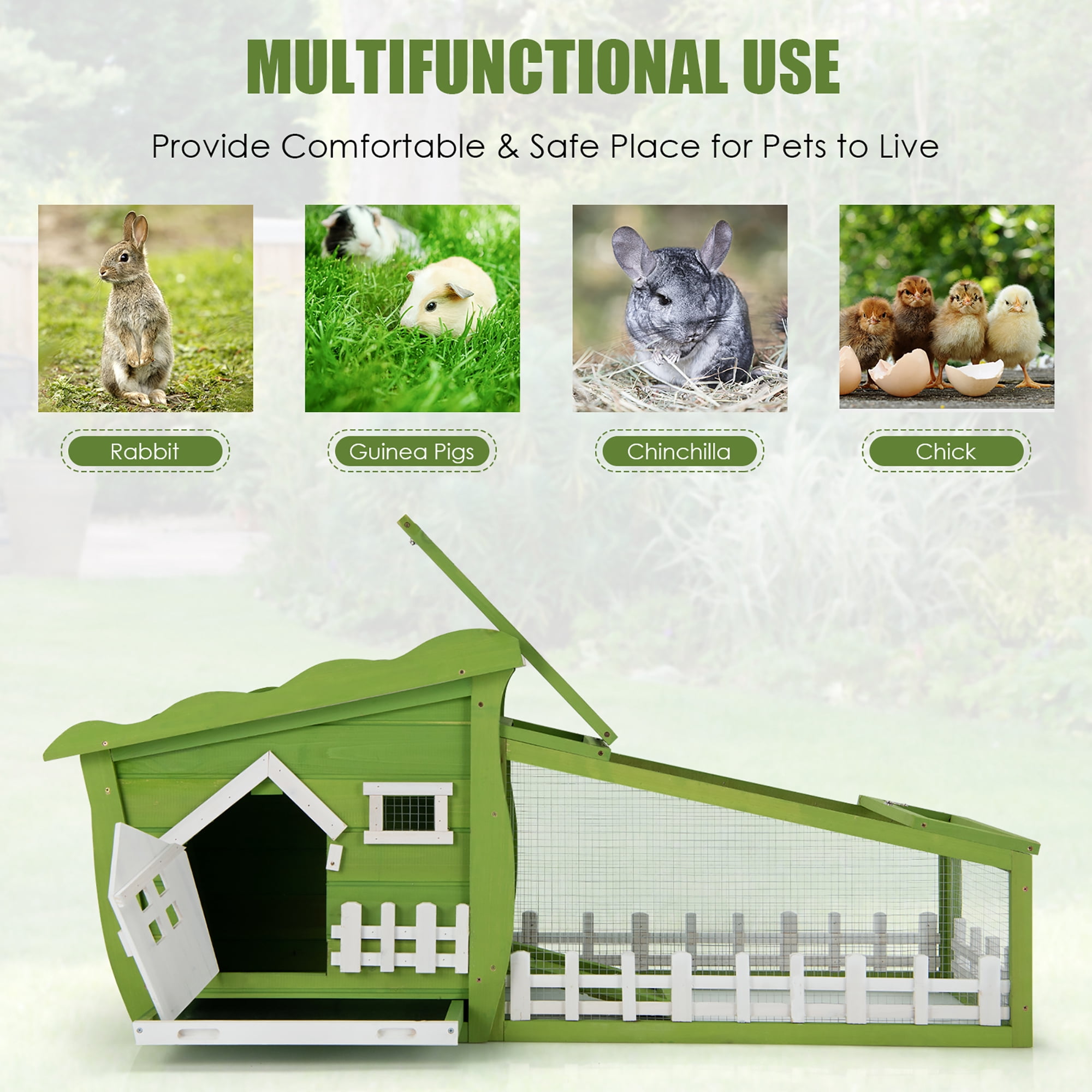 Costway 62'' Wooden Rabbit Hutch Indoor Outdoor Rabbit Cage Bunny House w/ Pull Out Tray Green