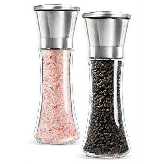 Premium Stainless Steel Salt and Pepper Grinder Set of 2- Brushed Stainless Steel Pepper Mill and Salt Mill, 6 Oz Glass Tall Body, 5 Grade Adjustable Ceramic Rotor- Salt and Pepper Shakers By Levav