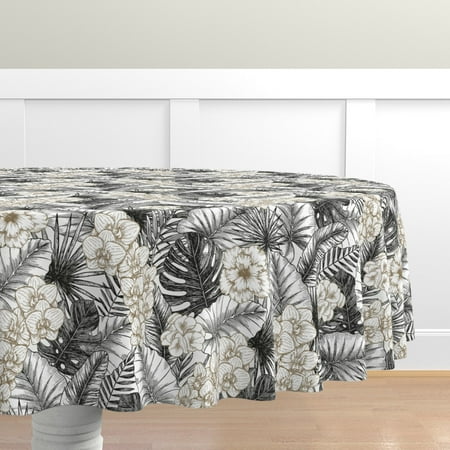 

Cotton Sateen Tablecloth 90 Round - Silver Tropic Gold Elegant Palm Exotic Jungle Monochrome Minimalist Room Morning Summer Hawaiian Print Custom Table Linens by Spoonflower