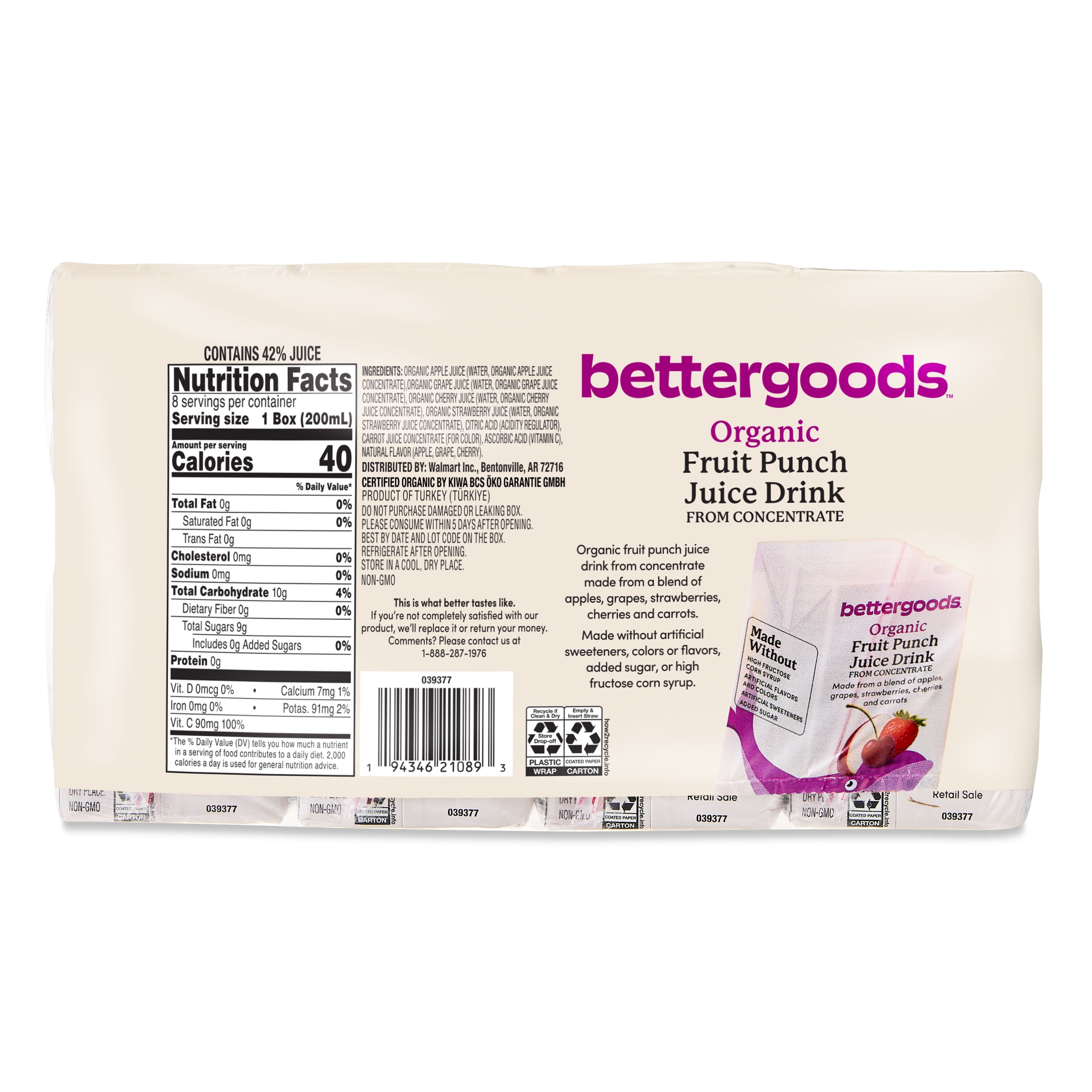 (3 pack) bettergoods Organic 42% Fruit Punch Drink, 6.75 fl oz, 8 Count