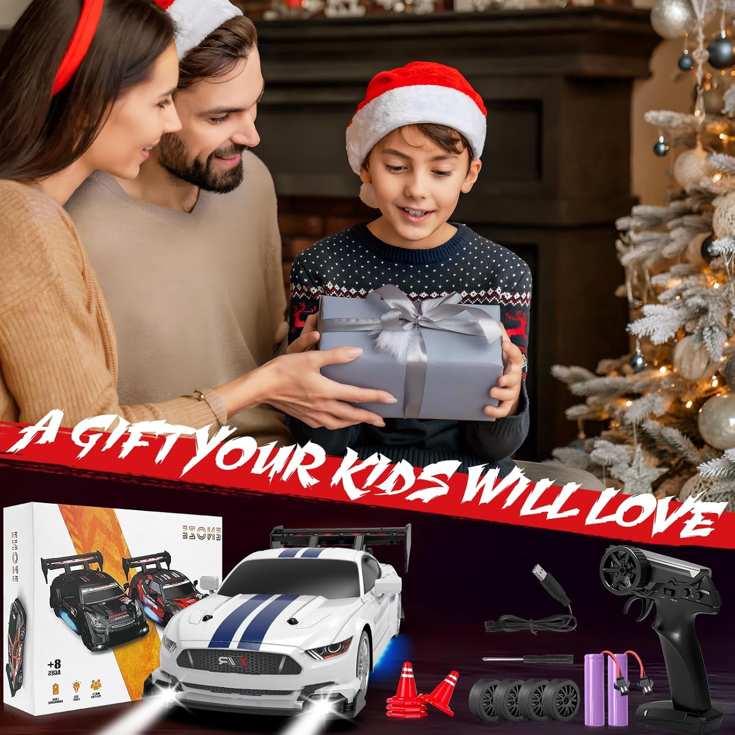 AIGIA 1:24 Scale RC Drift Car 30KM/H 4WD 2.4GHz Remote Control Cars with LED Light High Speed RC Racing Cars Toy Gift