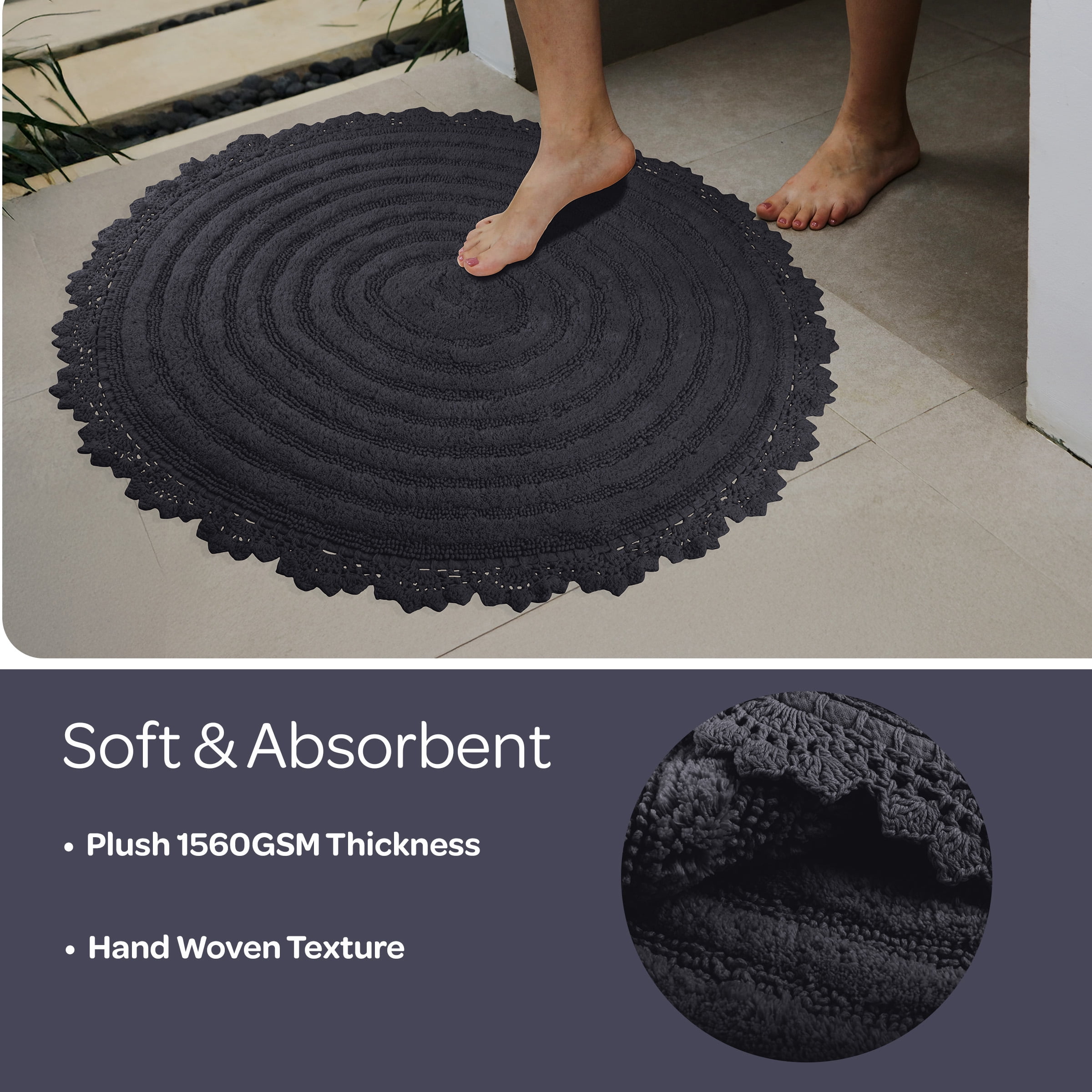 Lavish Home Bathroom Rugs - 2-Piece Woven Cotton Bath Mat Set (Black)