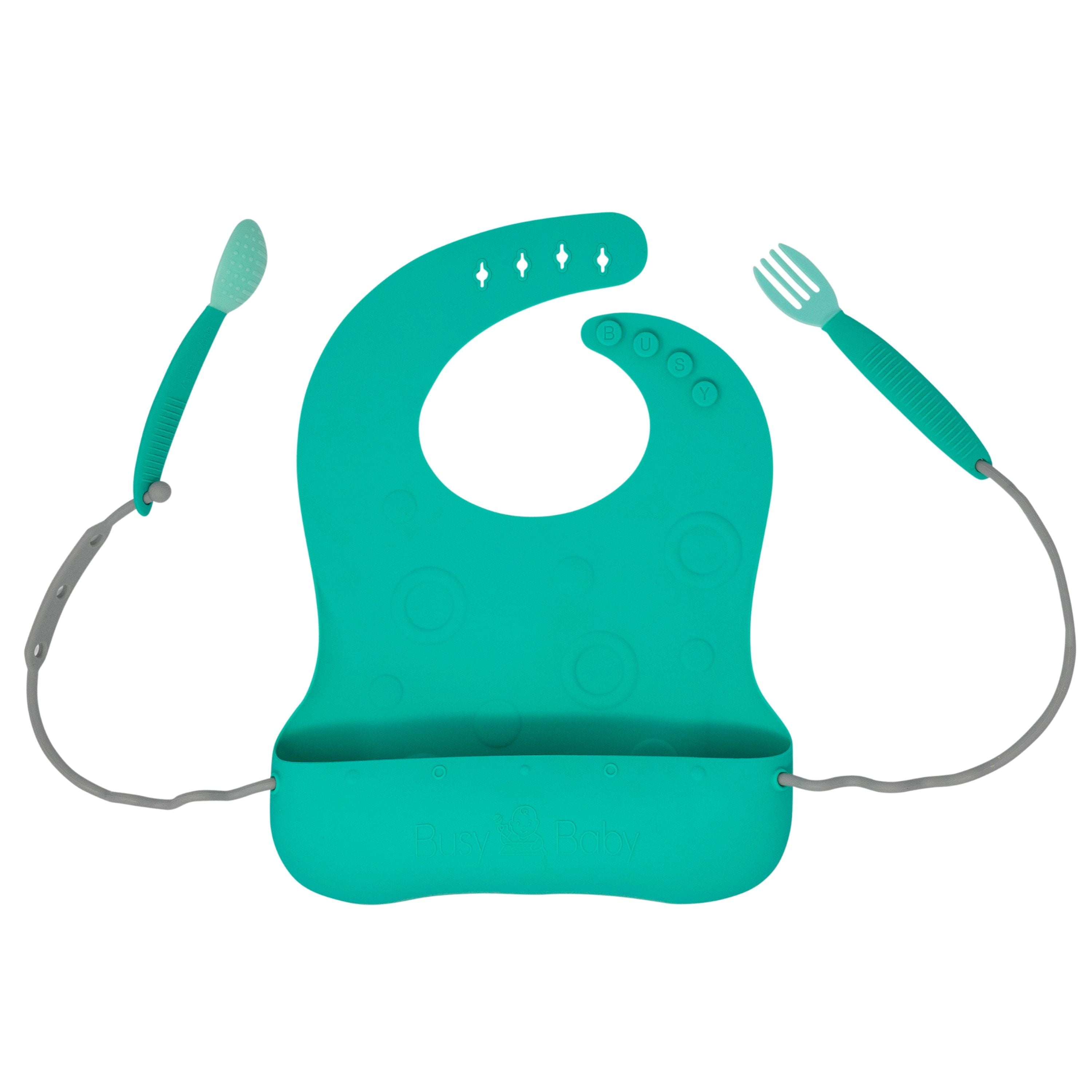 Busy Baby Silicone Toddler and Baby Bib with Food Catcher, Utensils and Utensil Straps, Spearmint
